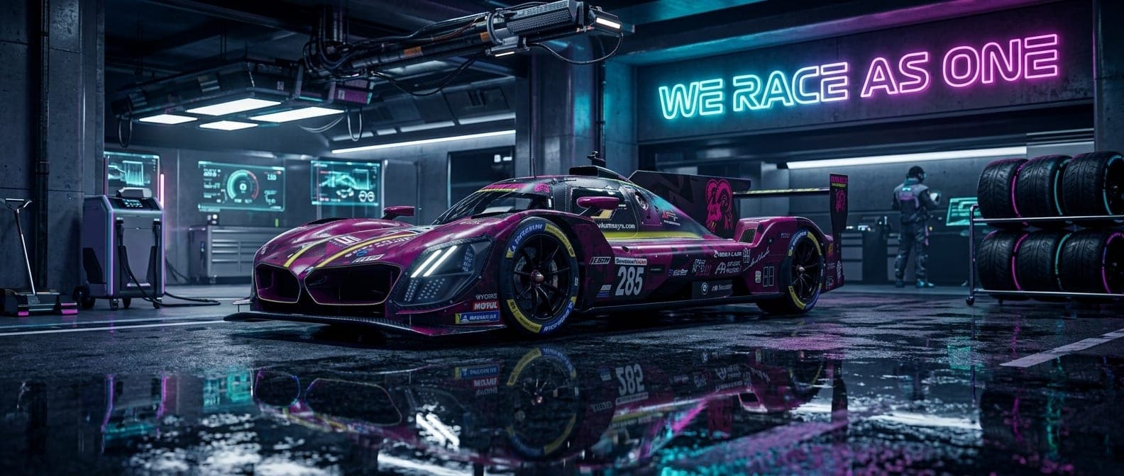 Nova-Nitro-GTP in einer neonbeleuchteten Boxengasse mit dem Schriftzug We Race As One